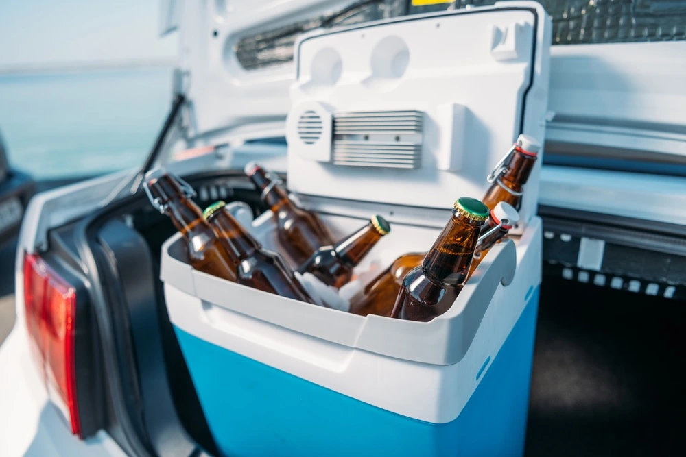 Close-up view of a portable fridge filled with beer inside a car.
