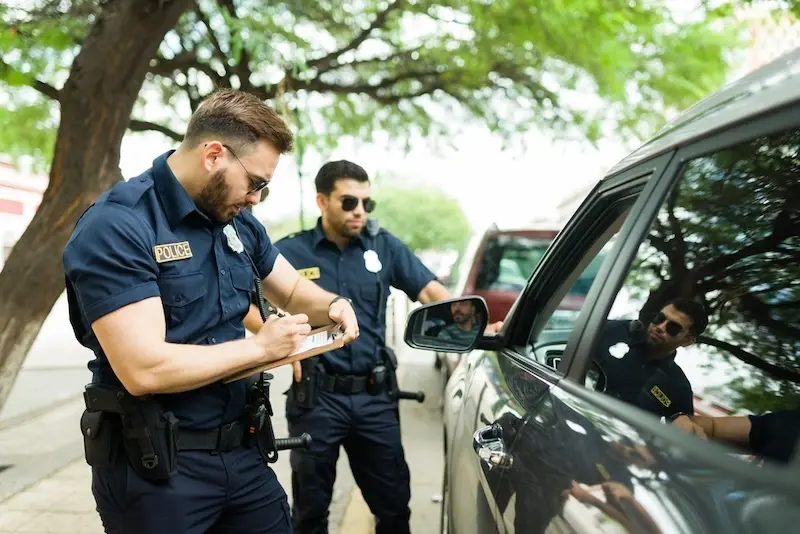 Police officers checking a driver's license with out-of-state traffic tickets